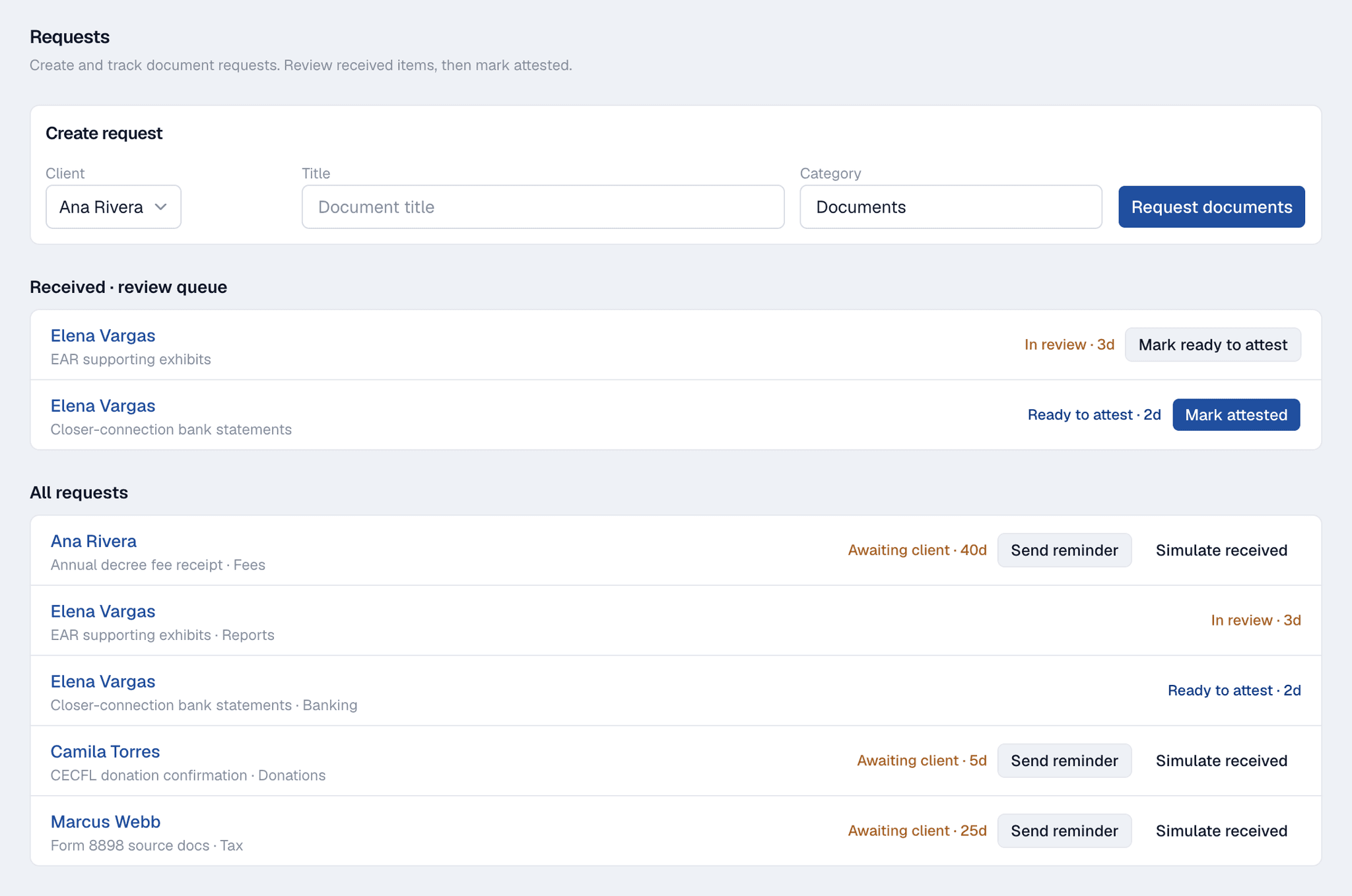 Portal document requests — requested files arrive from the client's app already classified