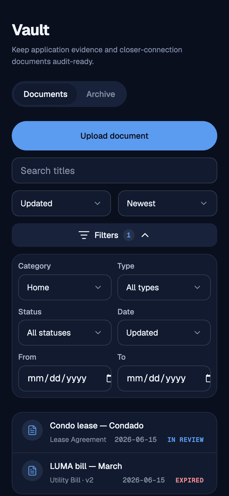 Evidence vault filtered by closer-connection category, each document showing its type, date, and review status