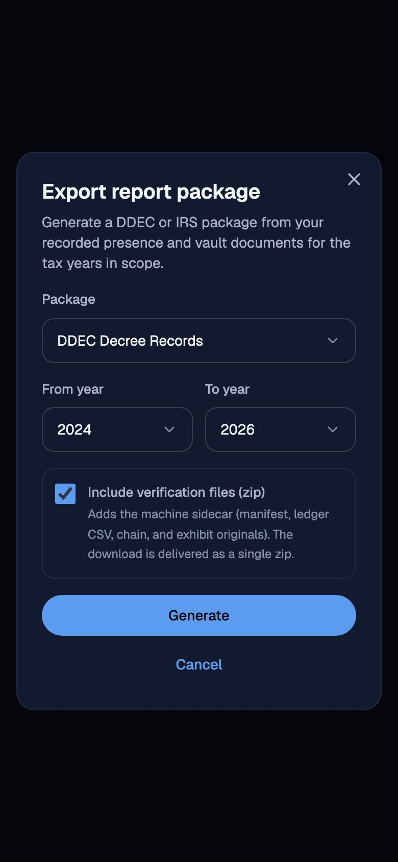 Export dialog showing the package type, the tax years in scope, and the option to include verification files